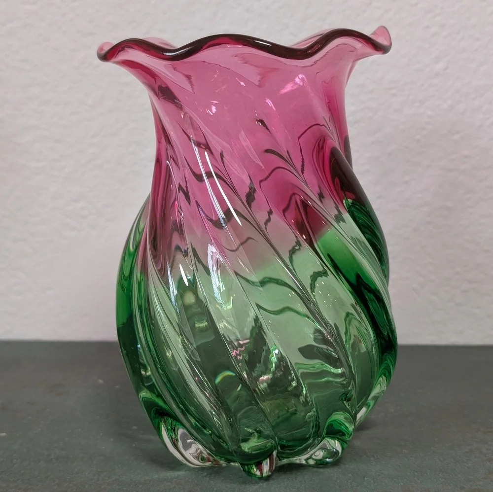 Vintage Teleflora Pink Green Watermelon Hand Blown Art Glass Ruffled Vase - Picture 7 of 10
